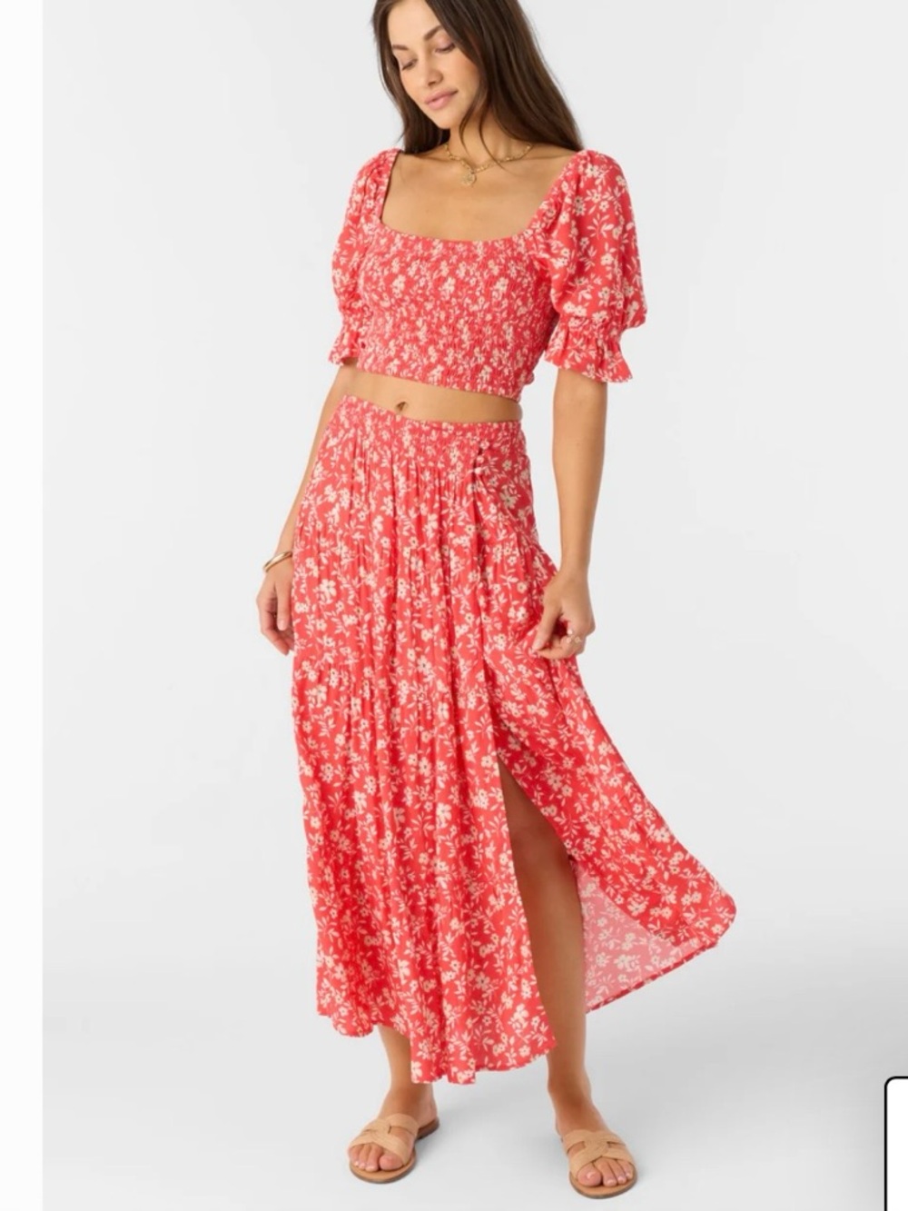 O'Neill Red Floral Puff-Sleeve Midi Set XS